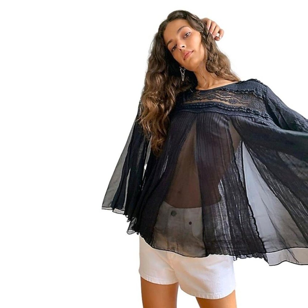 Free People Black Penny Lane Trapeze Tunic Top, M